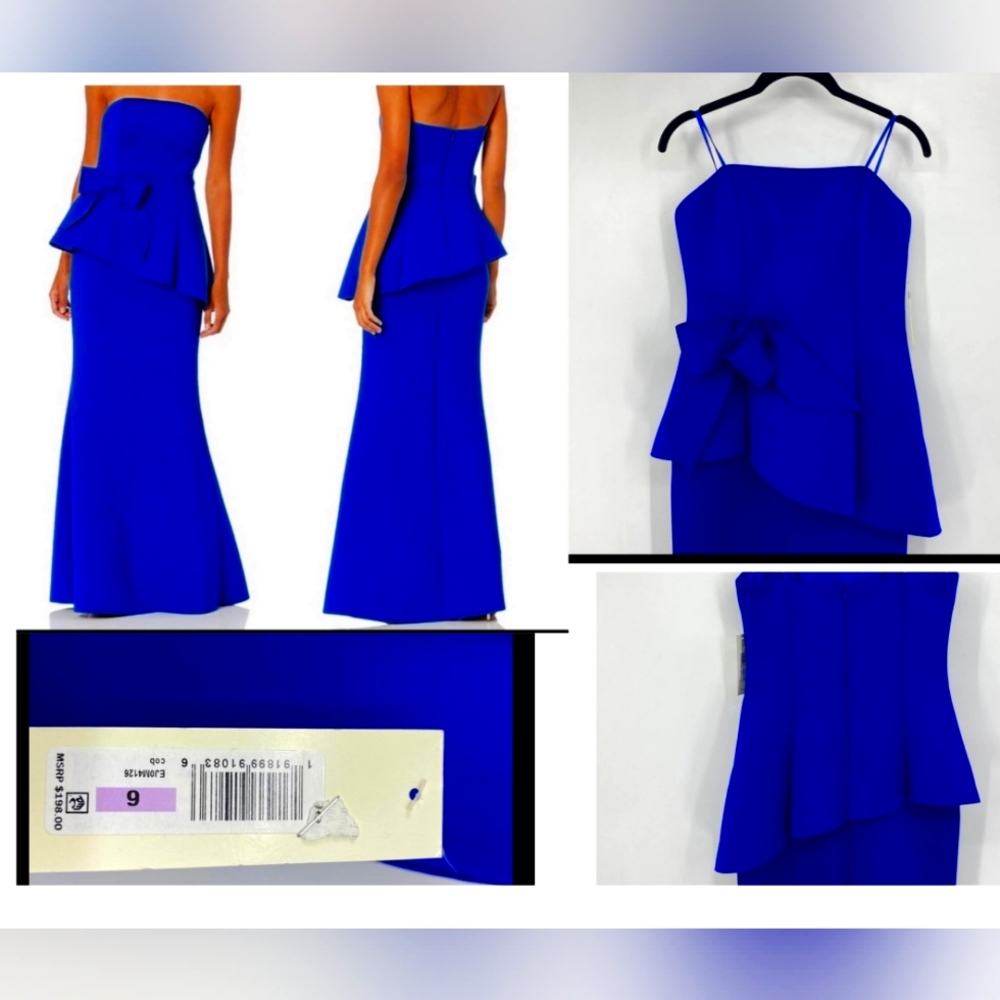 ELIZA J l Strapless Scuba Evening Gown with Large Bow Detail l Blue l Si…